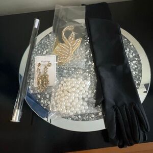 Brand new 1920s-1930s flappers accessories gloves, head band, necklace, cigar